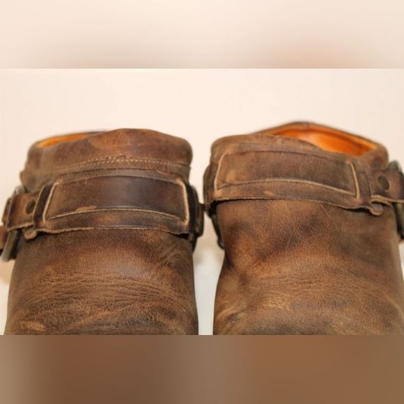 Sale Frye USA Made Womens 8m distressed Leather Belted Harness Western Mules - Picture 5 of 10